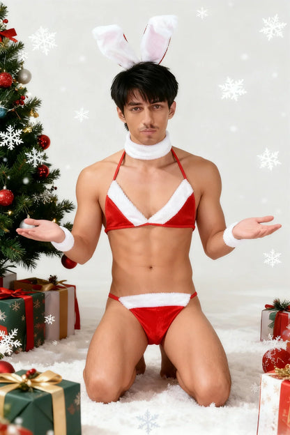 Erotic Lingerie Set Sexy Men Thong Christmas Underwear Man Bunny Ears Velvet Bikini Bra Sissy Crossdressing Cosplay Costume
