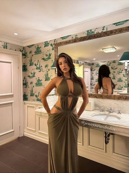 Women Sexy Hollow Out Sequin Halter Maxi Dresses Fashion Pleated Backless Sleeveless Slim Dress Chic New Lady Evening Party Gown