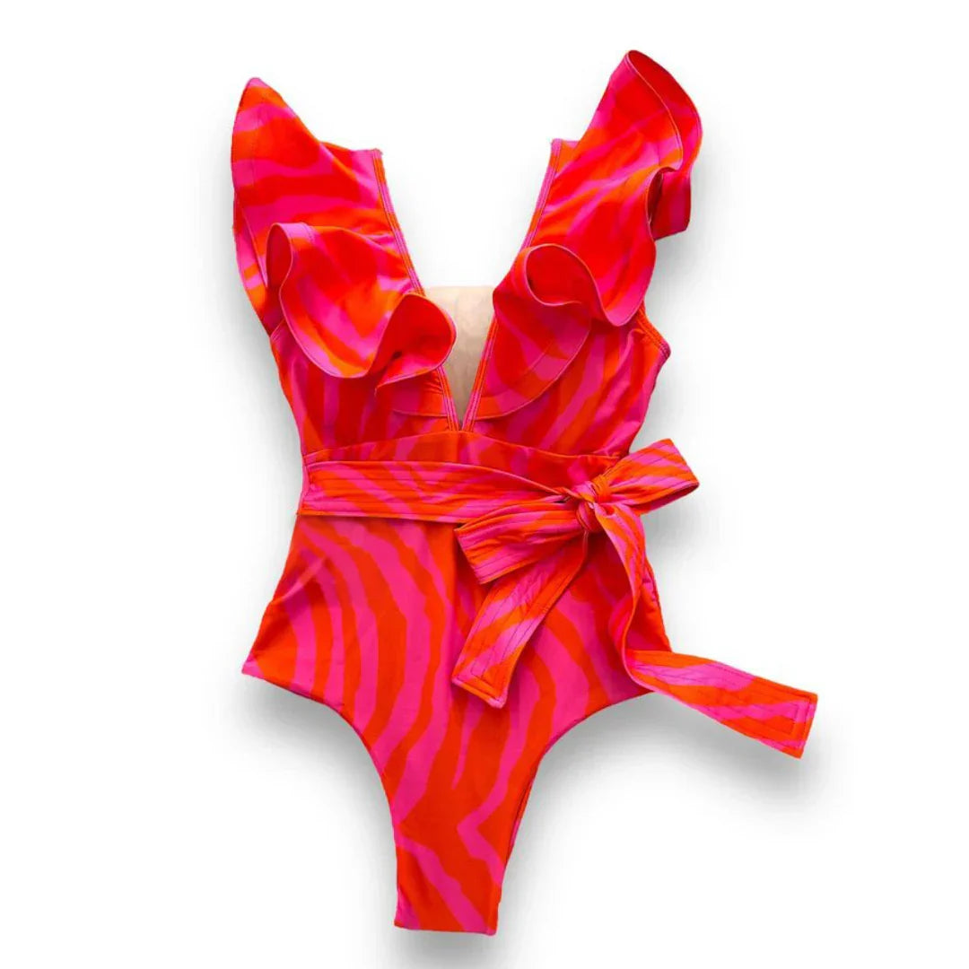2025 New Sexy V-Neck One Piece Swimsuit Belt Swimwear Women Ruffle Monokini Push Up Swim Suit Colorful Bathing Suit Female Beach