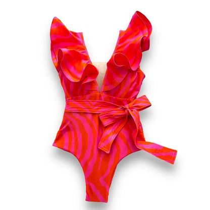 2025 New Sexy V-Neck One Piece Swimsuit Belt Swimwear Women Ruffle Monokini Push Up Swim Suit Colorful Bathing Suit Female Beach