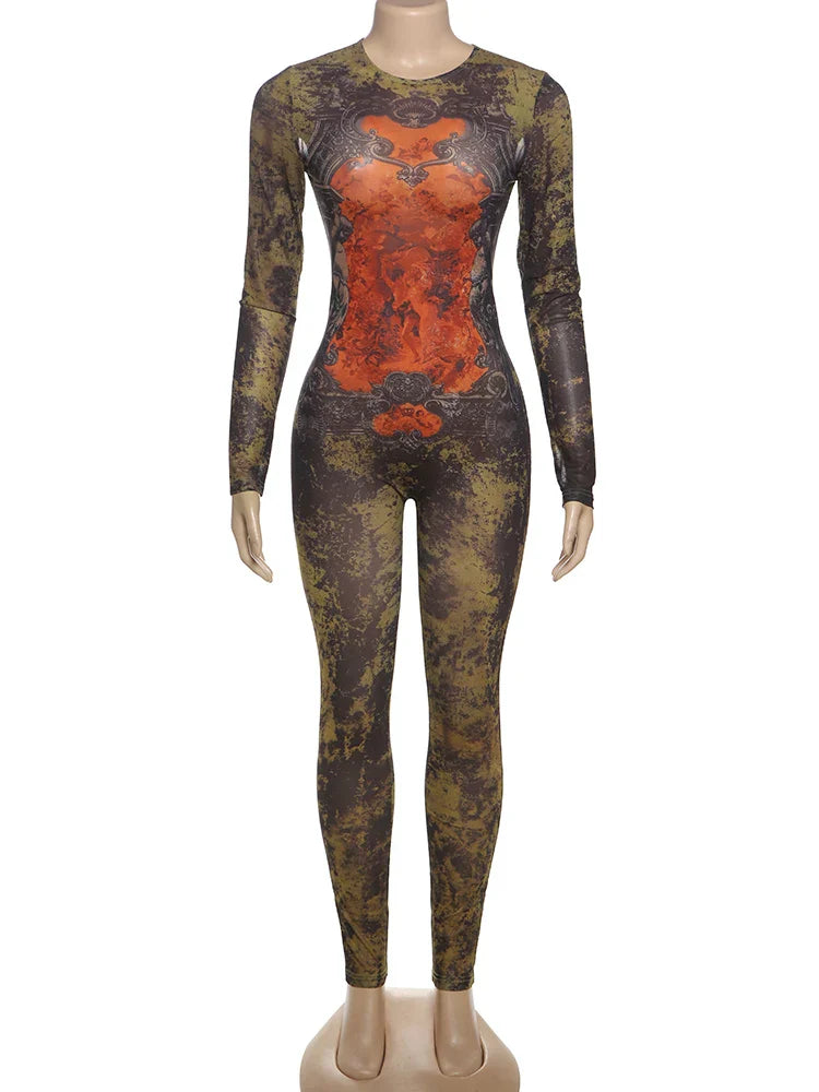 Weird Puss Sexy Fitness Jumpsuit Women Tie-Dye Print o-Neck Full Sleeve Skinny Streetwear Autumn Zip Slim Stretch Tight Overalls