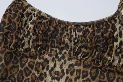 Shestyle Leopard Mesh Sexy Women Two Piece Sets Spaghetti Strap Bodysuit Flare Pants Sheer Brown Sexy Clubwear Waistless Outfit