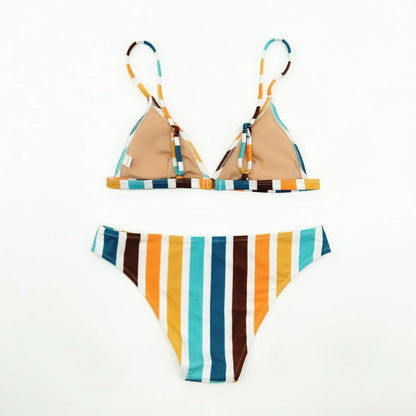 New Style Rainbow Grey Stripe Print Sexy European American Triangle Bikini Set for Women Fashionable Split Swimsuit