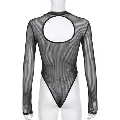 See Through Bodysuit Backless Hollow Out Transparent Club Jumpsuits Women Solid Black Tee Summer Elegant Sexy Streetwear