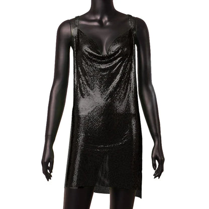 Women's 90s Rave Glitter V-Neck Lace-Up Sequin Mini Dress Y2K Clubwear Sexy Backless Bodycon with Metal Detail for Party