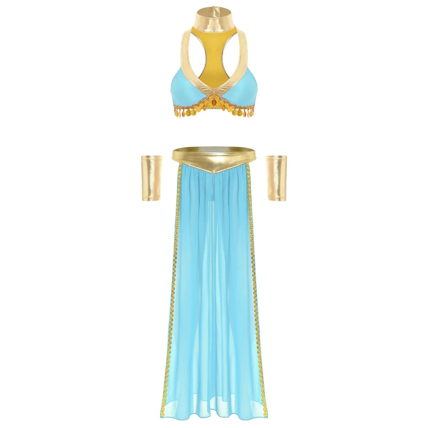 Women Halloween Cleopatra Ancient Egyptian Queen Sun Goddesses Cosplay Costume Crop Top with Skirt Choker Cuffs Belly Dance Set