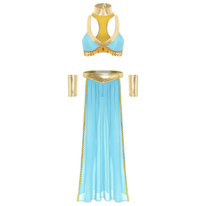 Women Halloween Cleopatra Ancient Egyptian Queen Sun Goddesses Cosplay Costume Crop Top with Skirt Choker Cuffs Belly Dance Set