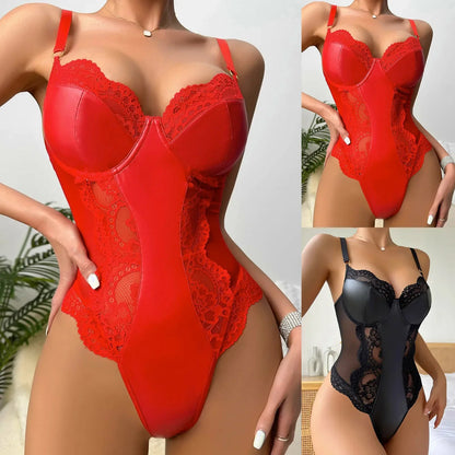 Leather Mesh Patchwork Bodysuit Women Jumpsuit Sexy V Neck Teddy Babydoll Suspender Bodysuit Sexy Underwear Lingerie Catsuits
