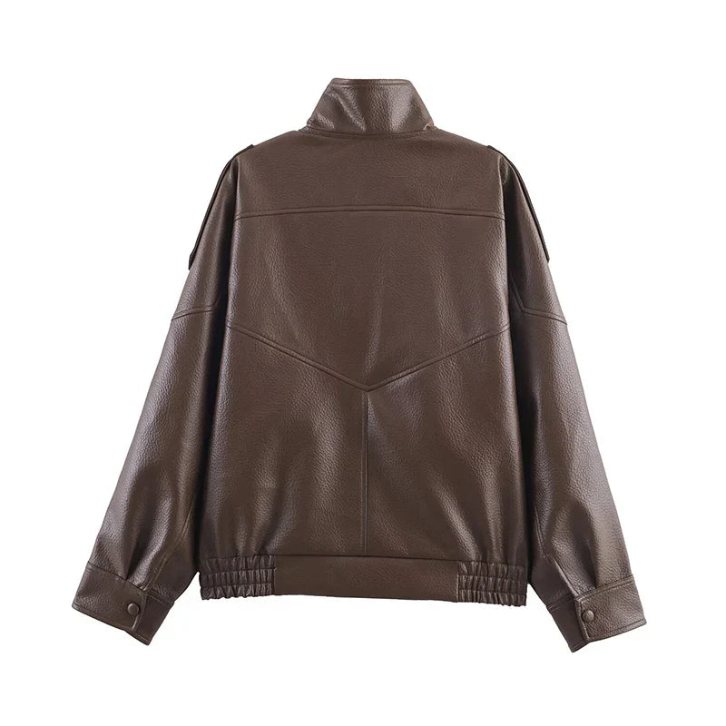 Stand Collar Women's Jacket Full Sleeve Double Button Solid Female Leather Jackets 2025 Autumn Fashion High Street Lady Outwears