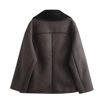 MUJER Faux Leather Jackets for Women Winter Warm Bomber Jacket Woman Long Sleeve Womens Coats Plush Oversized Women's Jackets