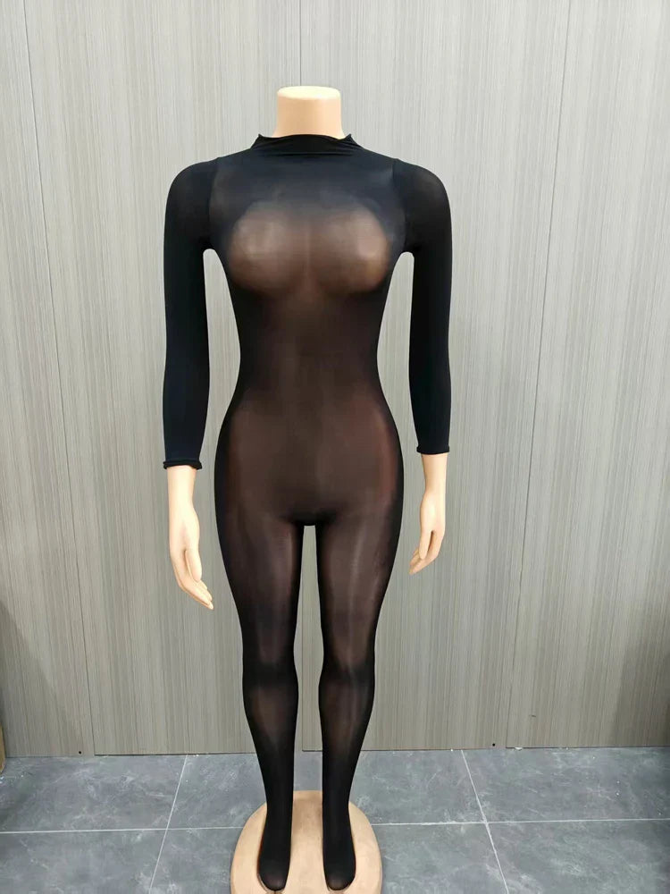 Tight Bodysuit Woman Jumpsuits Long Sleeve Sexybodysuit One Piece Sheer See Through Full Body Sexy Baddies Midinight Catsuit