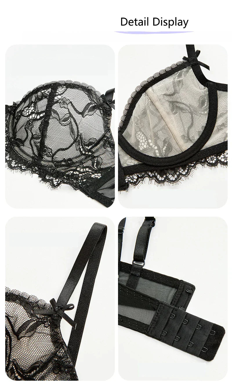 Logirlve Ultra-Thin Hollowed-Out Lace Bra Set for Women Push up Breast Brassiere Sexy Embroidery Underwear Lingerie Ladies