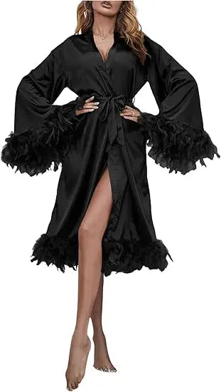Women Satin Robe Sleepwear Solid Color Casual Feather Trim Long Sleeve Pajama Dress Ladies Loungewear Nightwear Bathrobe
