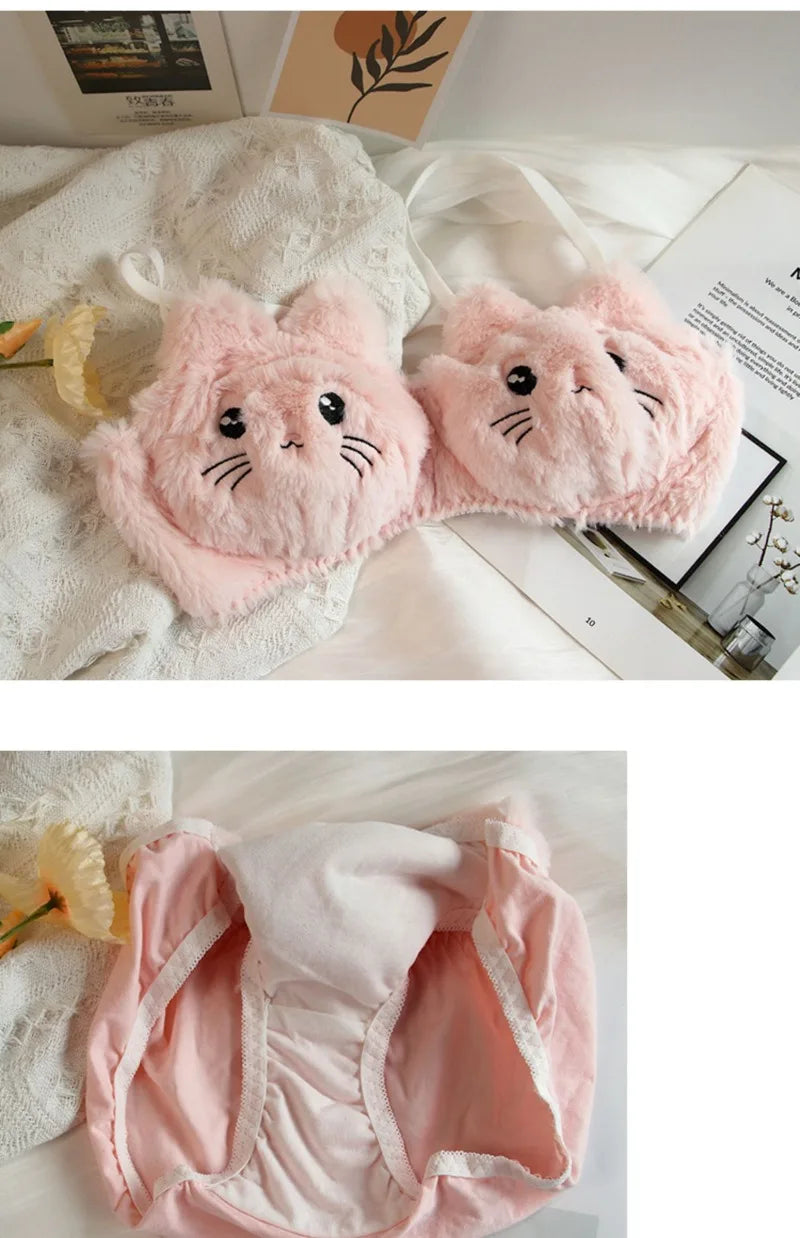 Cute Bear Underwear Winter Plush Cartoon Comfortable Bra & Brief Sets Women's Intimates Thermal Bra Gathers Sleepwear Lingerie