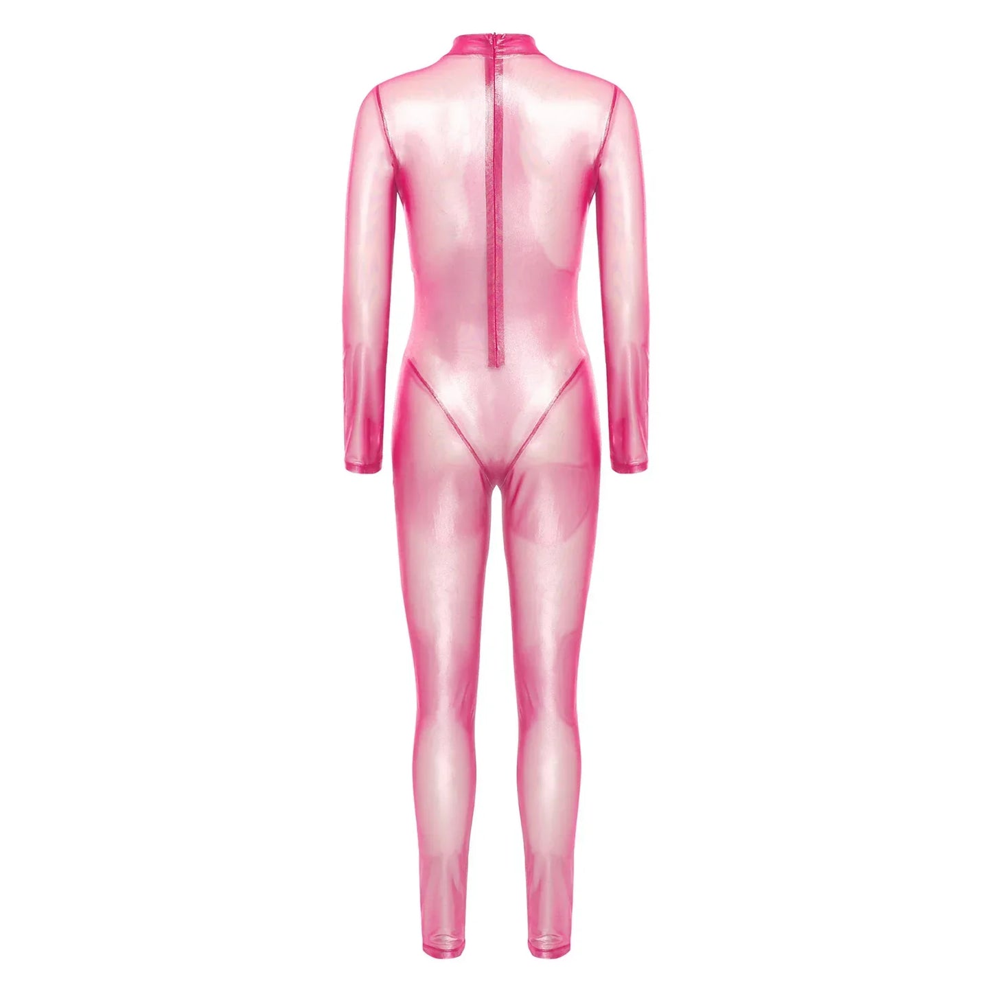 Women Metallic Shiny Full Body Unitards Sheer Rave Party Nightclub Jumpsuit Long Sleeve Long Pants Back Zipper Catsuit Clubwear