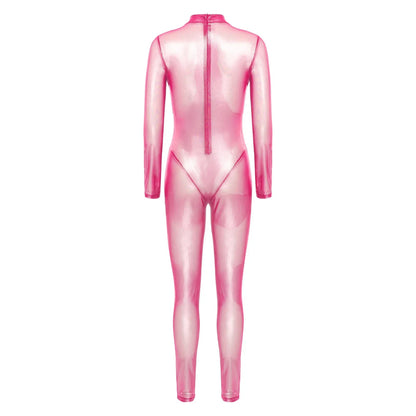 Women Metallic Shiny Full Body Unitards Sheer Rave Party Nightclub Jumpsuit Long Sleeve Long Pants Back Zipper Catsuit Clubwear