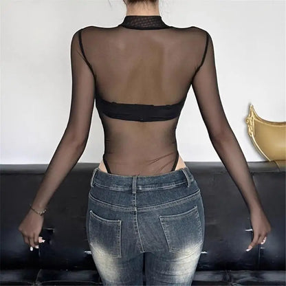 Womens Mesh Long Sleeve Bodysuit Round Neck Sheer Leotards Clothing Snake Bodysuit Top with Snap Crotch Clubwear Gifts