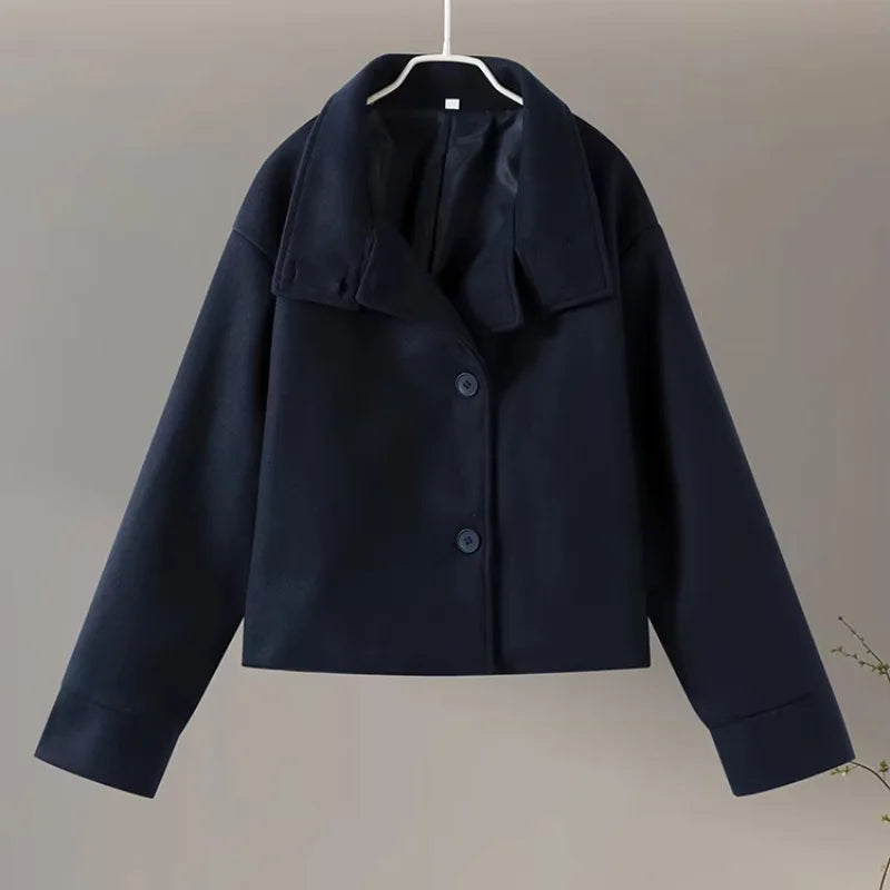 Urban Black Woolen Blend Coats Women Stand Collar Single-breasted Long Sleeve Thick Warm Jacket 2025 Autumn Winter Lady Outwear