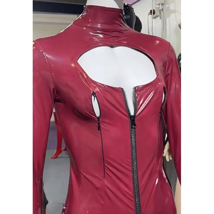3PCS/SET Wet Look PVC Cosplay Outfit Catusit Shiny PU Leather Zipper Bust Open Crotch Bodysuit Tight Sexy Body Teddies Stockings
