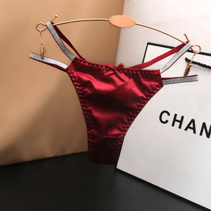 Sexy Silk Satin Thongs Hollow Out Fashion Solid Color Panties Cotton Crotch Low Waist Breathable Pure Color Women's Underwear