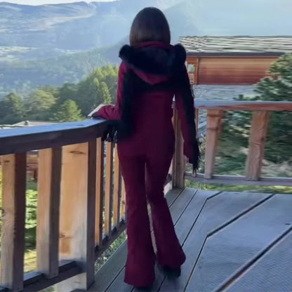 Casual Solid Tassels Women's Ski Suit Zippers Fur Hooded Slim High Waist Lady Jumpsuits 2025 Winter Fashion Female Warm Skiwear