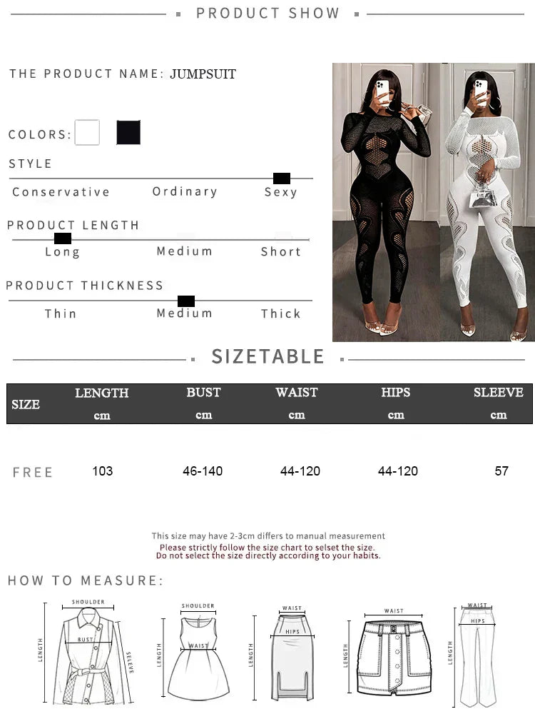 FHSEER Women's Sexy Jumpsuit Sheer Mesh Long Sleeve Hollow Out Bodycon High-Waist Stretchy Club Party Date Night Out Outfit