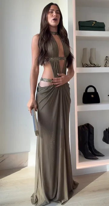 Women Sexy Hollow Out Sequin Halter Maxi Dresses Fashion Pleated Backless Sleeveless Slim Dress Chic New Lady Evening Party Gown