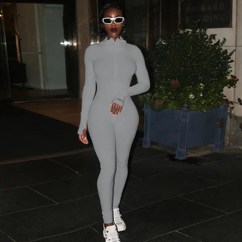 Zipper Jumpsuit Women Embroidery Letter Print Workout Sportswear Female Outfit Skinny Solid Turtleneck Streetwear