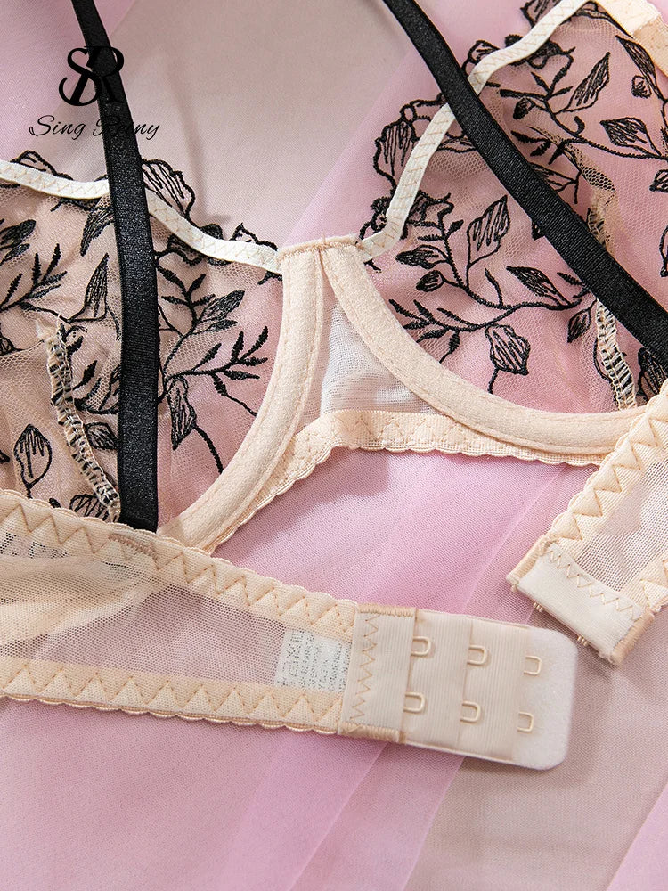 SINGREINY Floral Embroidery Underwear 3pcs Suits 2025 Female Strap Sheer Bra+Sheer Thongs Spliced Mesh Sexy Club Lingerie Sets