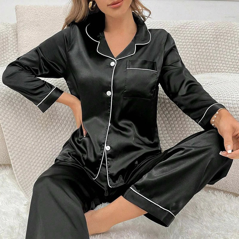 Women's Pajama Set Silk Sleepwear Suit Loungewear Pj Set Satin Long Sleeve Tops With Pants 2 Pieces Pjs Pajamas for Women Pyjama