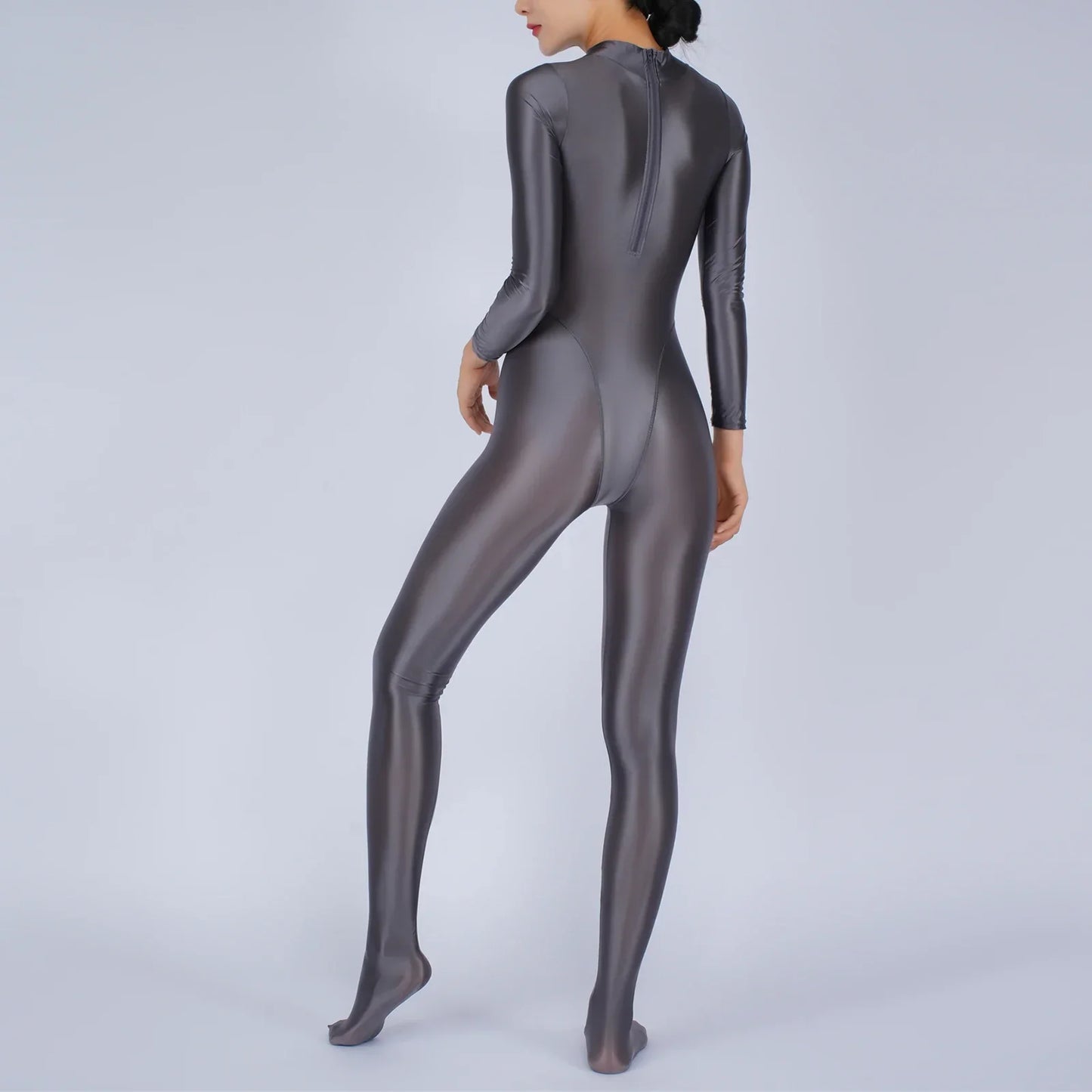 Womens Glossy Full Body Jumpsuit See Through Sheer Catsuits Bodystockings Long Sleeve Footed One Piece Gym Yoga Tights Bodysuit