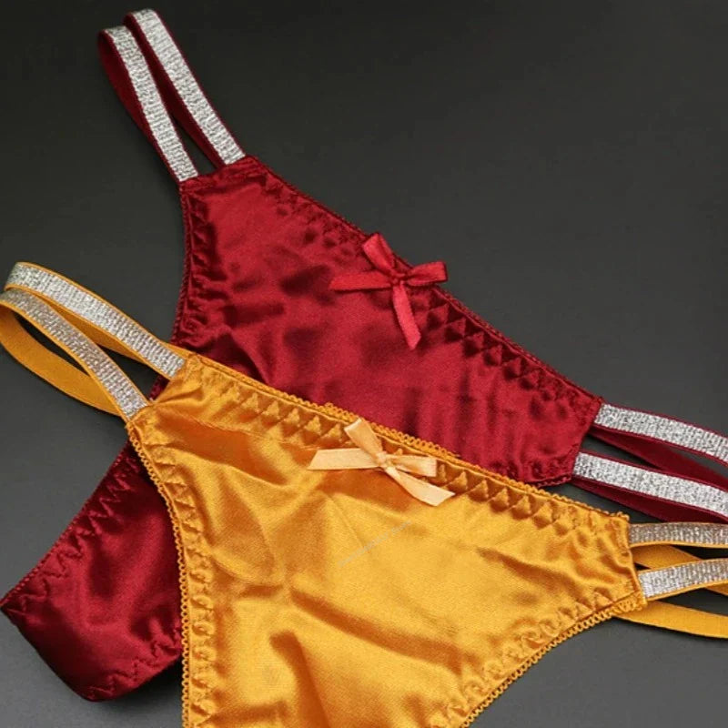 Sexy Silk Satin Thongs Hollow Out Fashion Solid Color Panties Cotton Crotch Low Waist Breathable Pure Color Women's Underwear