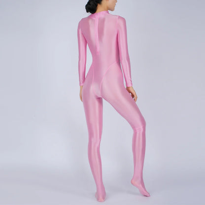 Womens Glossy Full Body Jumpsuit See Through Sheer Catsuits Bodystockings Long Sleeve Footed One Piece Gym Yoga Tights Bodysuit