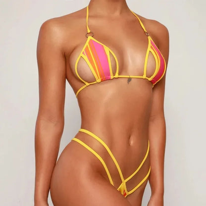 Circyy Bathing Suit Women Neck-mounted Sexy Split Swimsuit Striped Hollow Out Thongs Summer 2025 New Beach Fashion Bikini Set