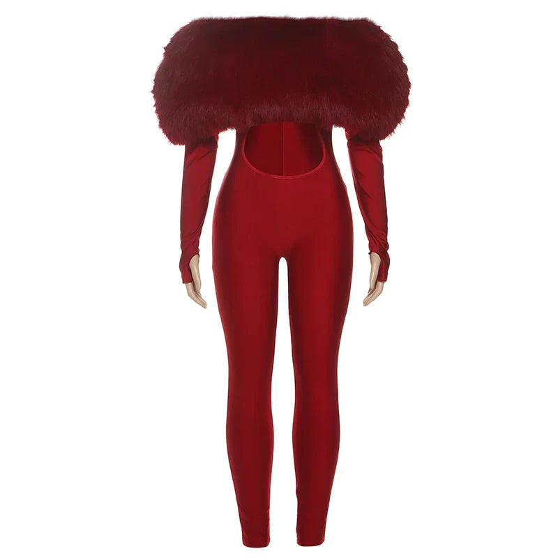 Weird Puss Furry Slash Neck Jumpsuits Woman Luxury Hipster Patchwork Trend Sexy Hollow Stretch Fitness Club Activity Overalls