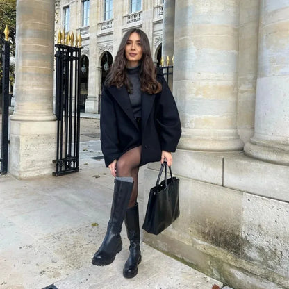 Urban Black Woolen Blend Coats Women Stand Collar Single-breasted Long Sleeve Thick Warm Jacket 2025 Autumn Winter Lady Outwear