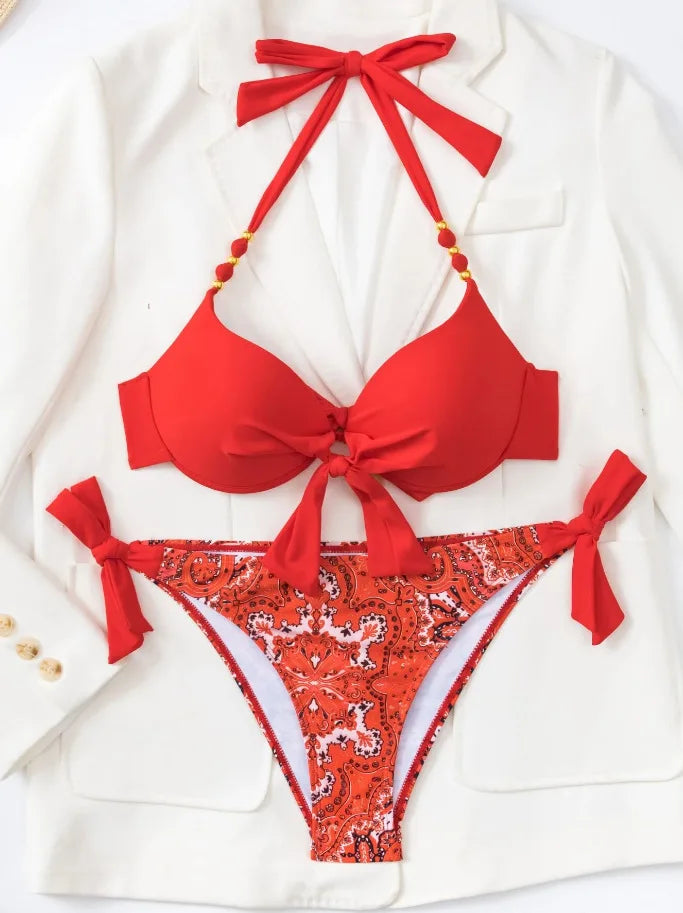 2025 Push Up Halter Bikini Printed Swimsuit Women Sexy Strappy Swimwear Female Bathers Bathing Swimming Swim Suit Beachwear