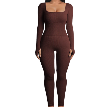 Solid Color Ribbed Yoga Jumpsuit, Seamless Slim Fit Long Sleeve Sports Bodysuit, Women's Activewear