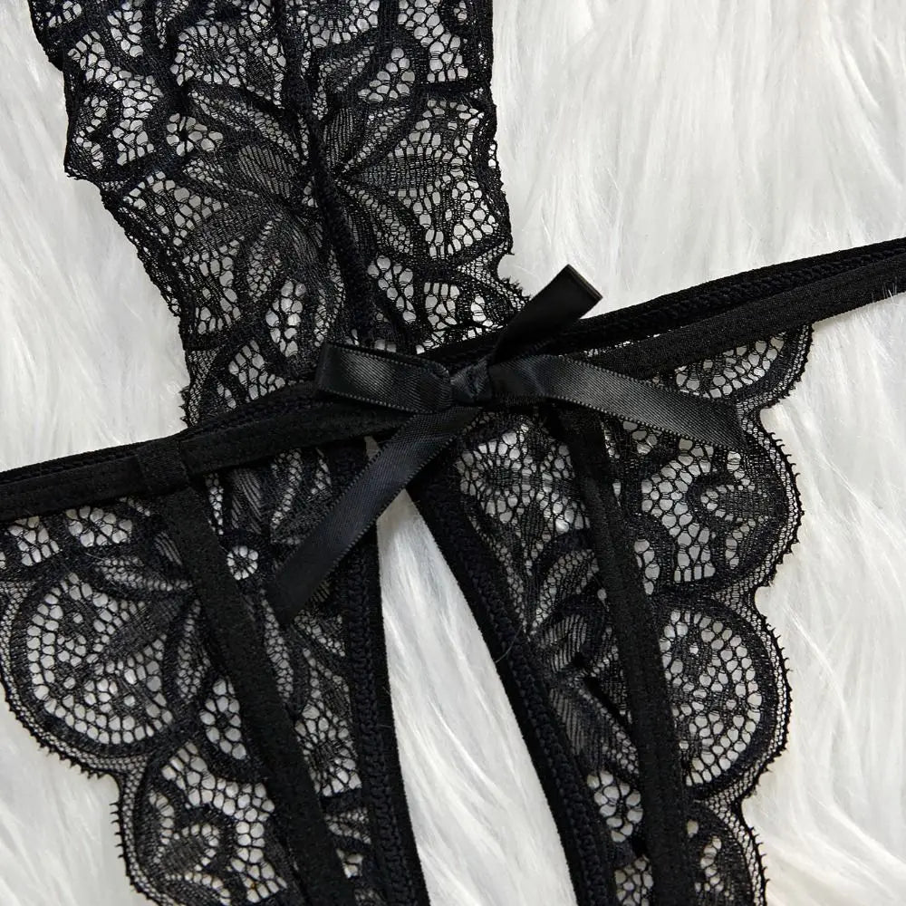 Sweet Deep V Neck Lace Bow Bodysuit Mesh Hollow Transparent Women Lingerie Jumpsuits Sleeveless Lace Sling Nightwear Gifts