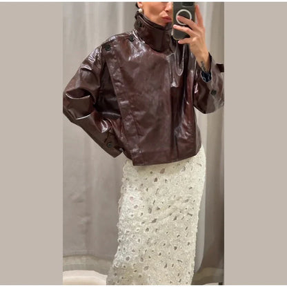 Street Stand Collar Women's Leather Jacket Loose Long Sleeve Zipper Pockets Chic Female Coats 2025 Autumn Winter Lady Outerwear