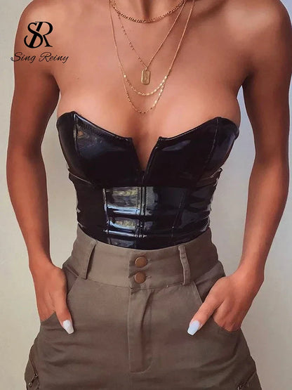 SINGREINY Strapless PU Leather Sexy Bodysuits Ladies Zipper Design Bodycon Top Fashion Streetwear Open Crotch Sensual Playsuits