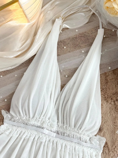 Sexy Lace Splicing Mesh Halter Deep V Backless Lingerie Nightgown for Women All-Season Homewear Comfortable Women's Dress