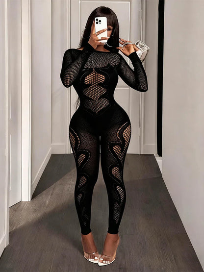 FHSEER Women's Sexy Jumpsuit Sheer Mesh Long Sleeve Hollow Out Bodycon High-Waist Stretchy Club Party Date Night Out Outfit