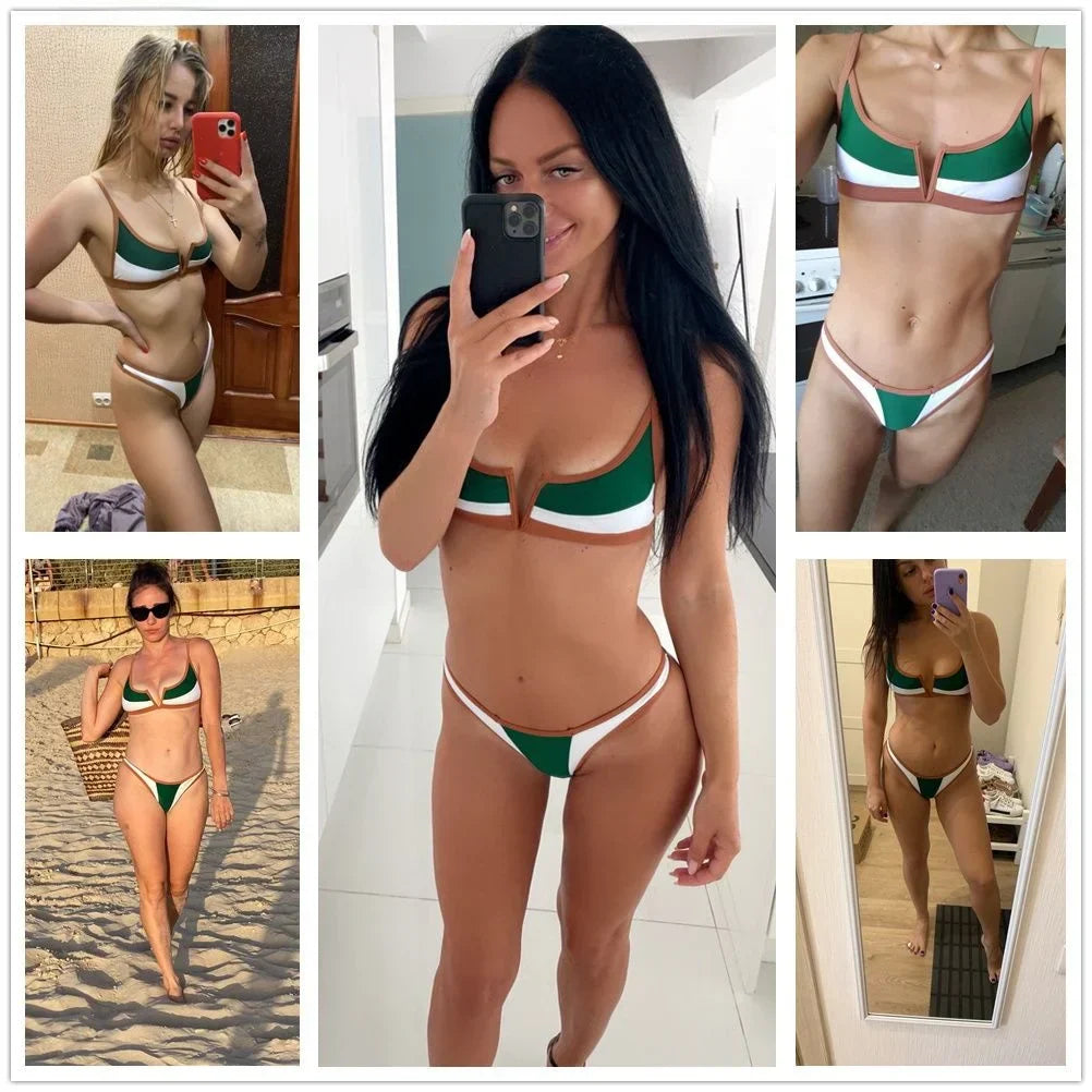 Contrast Vne Open Ba Thong Bikini Women's Patchwork ort Sve Overhead ort Pants Two-Piece Set Polyester Material
