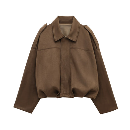 HH Women Brown Green Suede Jacket Loose Casual Bomber Coat Lapel Zipper Long Sleeve Jackets Vintage Lady Motorcycle Outwears