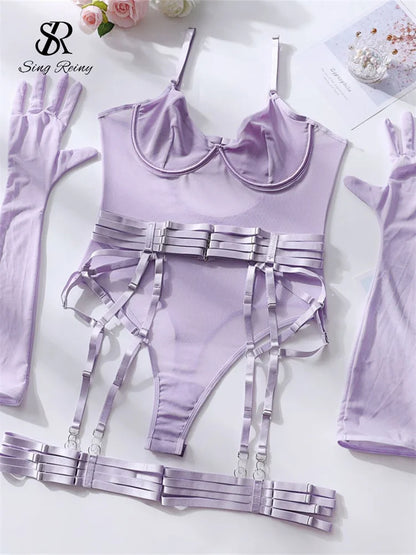 SINGREINY Sensual Sheath Solid Lingerie Rompers Fashion Oversleeve Strapless Slim Playsuits Women Sheer Mesh Sexy Bodysuits