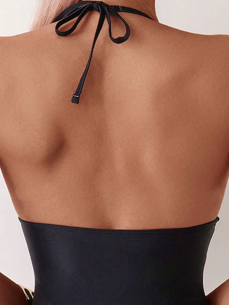 Vigoashely 2025 Lady Solid Halter Swimwear Women Sexy Mesh Patchwork One Piece Swimsuit Monokini Brazilian Beach Bathing Suit