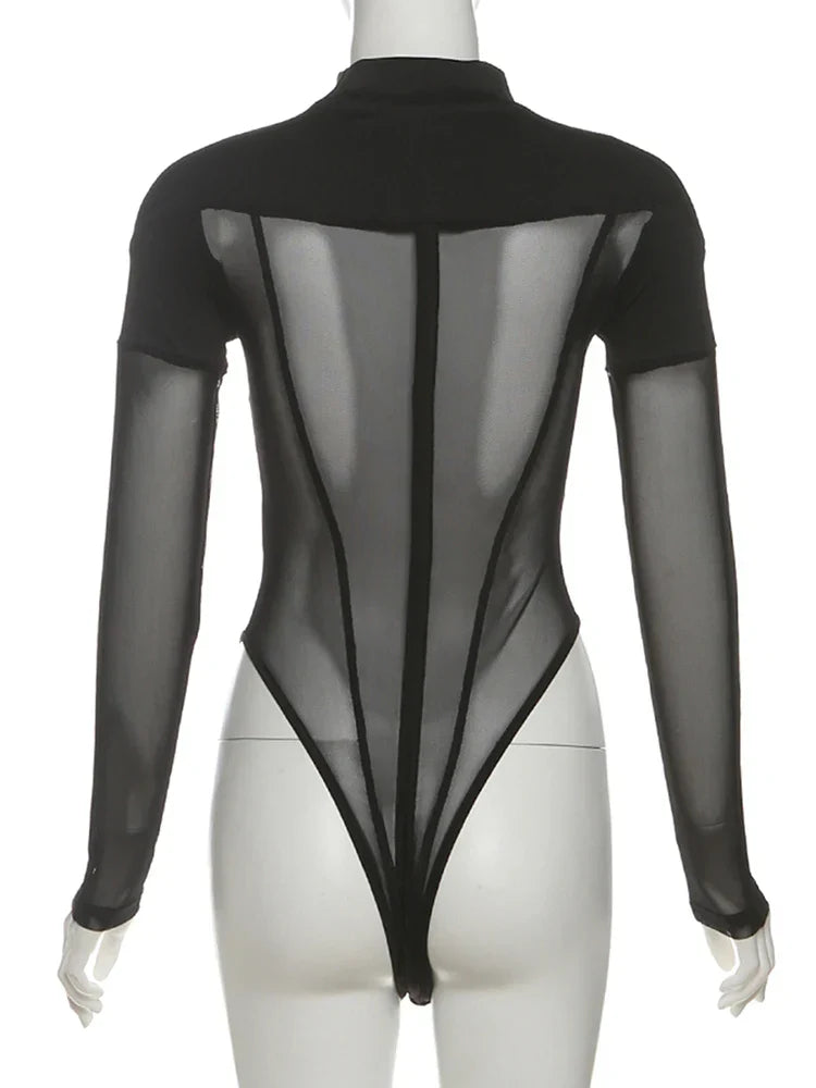 Sisterlinda See Through Sexy Bodysuit Women Coquette Wild Mesh Hipster Patchwork Full Sleeve Midnight Stretch Street Clubwear