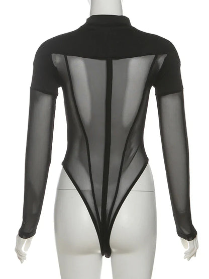 Sisterlinda See Through Sexy Bodysuit Women Coquette Wild Mesh Hipster Patchwork Full Sleeve Midnight Stretch Street Clubwear