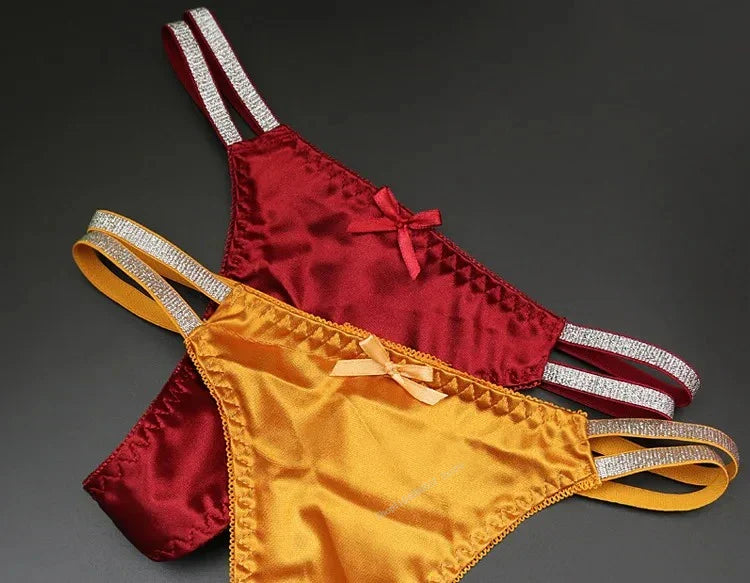 Sexy Silk Satin Thongs Hollow Out Fashion Solid Color Panties Cotton Crotch Low Waist Breathable Pure Color Women's Underwear